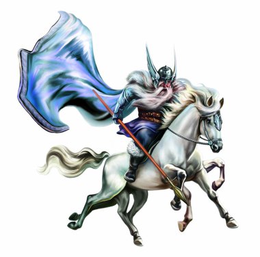 İskandinavya Tanrı Odin elinde bir mızrak ile bir at Slaipnire sürme, bir kask, zırh ve beyaz arka planda izole bir uçan pelerin bir pagan karakter
