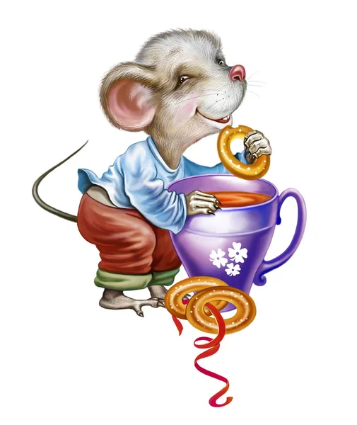 Милая Мышка Чашкой Чая Булочкой Смешное Мультяшное Животное Изолированный Персонаж — стоковое фото