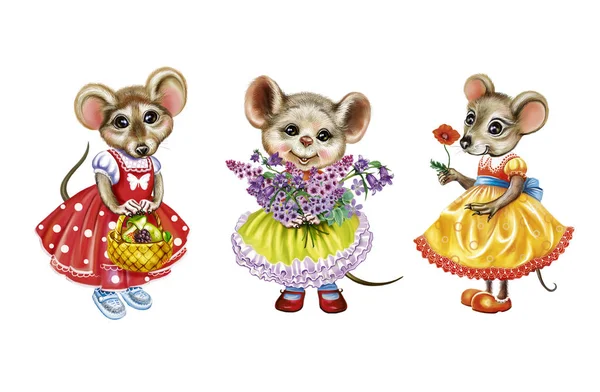 three funny mice, a cartoon mouse, a set of animals in clothes, characters for greeting cards, isolated on white background