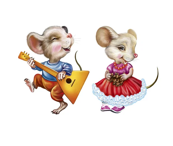 Две Маленькие Мыши Смешная Мышь Мальчик Девочка Мультяшные Животные Поют — стоковое фото