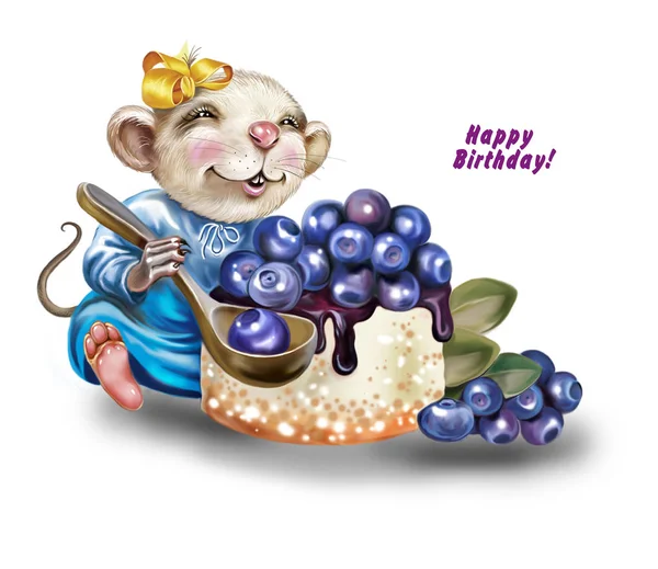 funny mouse in dress with a bow eats a cake with blueberries big spoon, happy birthday greeting card, isolated character on white background