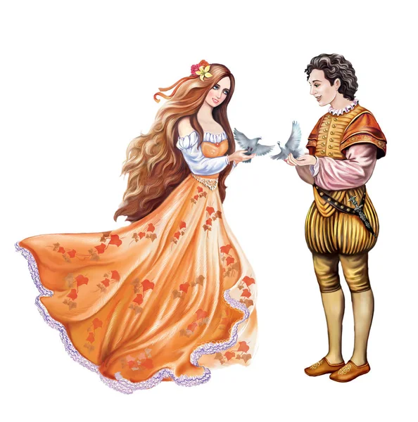 王子和公主与白鸽在他们的手中 一个快乐的童话结束 孤立的人物在白色背景 — 图库照片