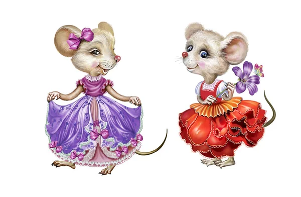 Drôle Souris Dessin Animé Robes Avec Des Fleurs Deux Petites — Photo