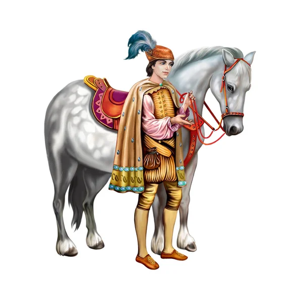 Όμορφος Πρίγκιπας Και Λευκό Άλογο Παραμύθι Χαρακτήρα Θρύλος Ήρωας Πριγκίπισσα — Φωτογραφία Αρχείου