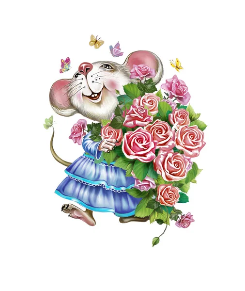 happy mouse with a bouquet of roses, fluttering butterflies, birthday present, cartoon animal in a dress, isolated character on a white background