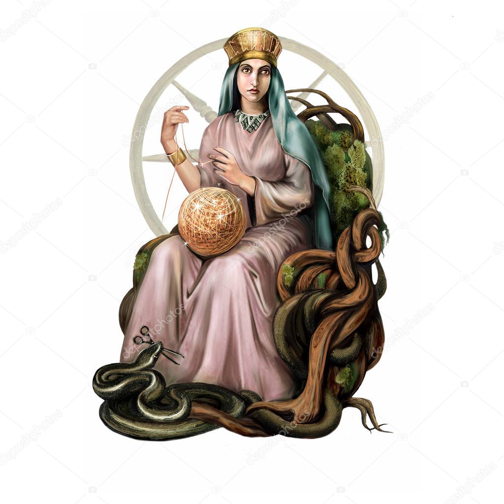 Slavic Goddess Mokosh sits on the throne, the Great Mother commanding Destiny and weaving the Thread of Life, the pagan mythology of the Slavs and Scandinavians, an isolated character on a white background