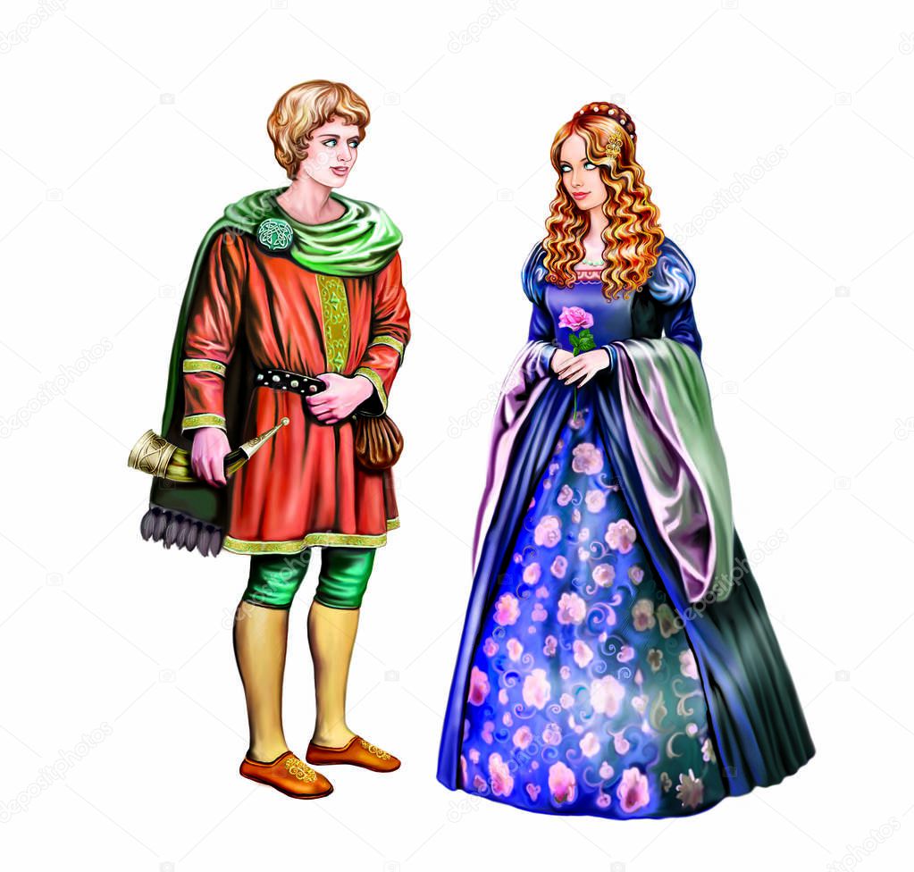 princess and prince love, medieval royal clothes, girl with beautiful hair in a long dress, isolated characters on white background
