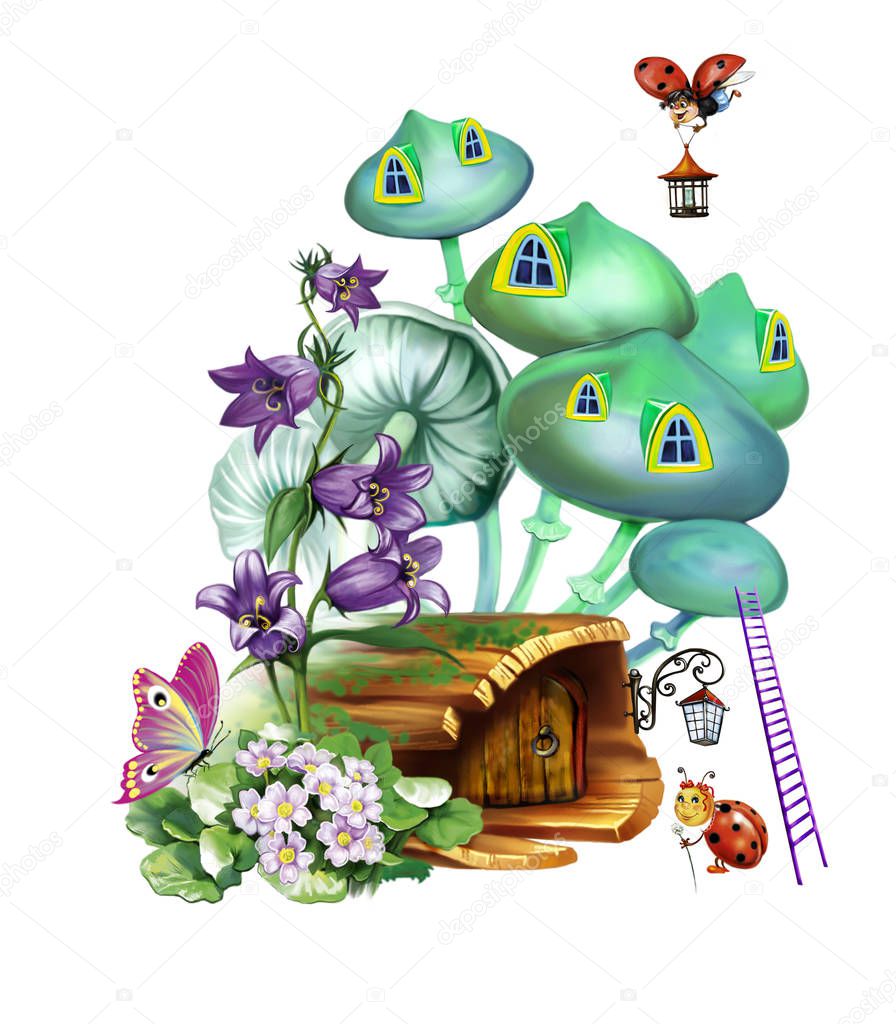 Fabulous mushroom house with doors, windows and steps and lanterns, housing fairies and insects in flowers, forest fantasy, isolated image on a white background