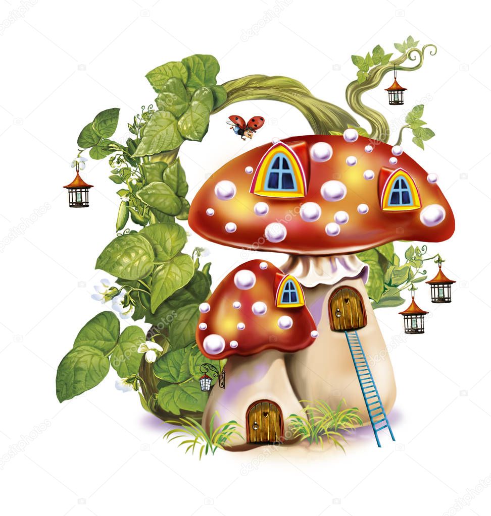 Fairytale mushroom house,  home of fairies and forest spirits, magic plants, isolated image on white background