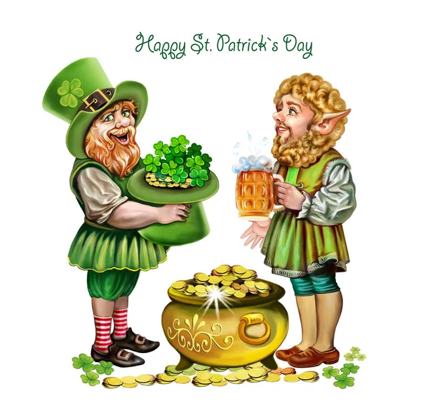 Leprechauns Een Groene Hoed Met Bier Shamrock Goudmunten Handen Gefeliciteerd — Stockfoto