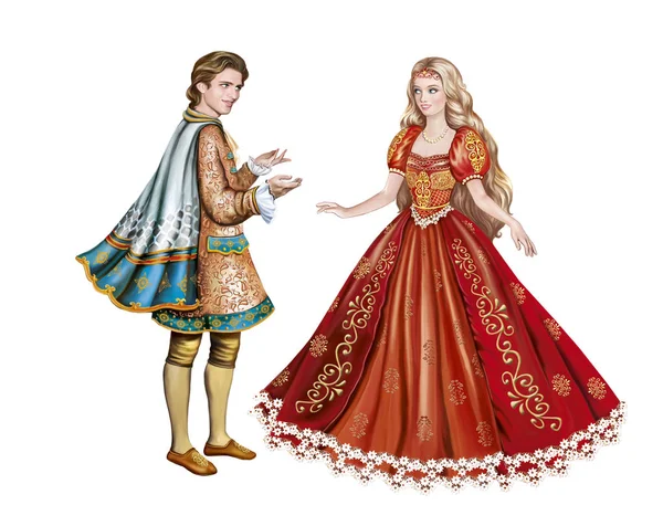 Illustration Beautiful Prince Princess Marriage Offer Fairytale Characters Isolated White — Stock Photo, Image