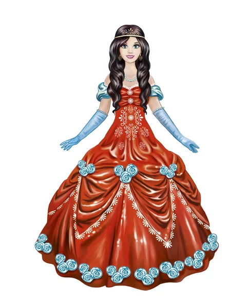 Illusztráció Gyönyörű Hercegnő Piros Ruhában Lány Labda Ruha Elszigetelt Mese — Stock Fotó