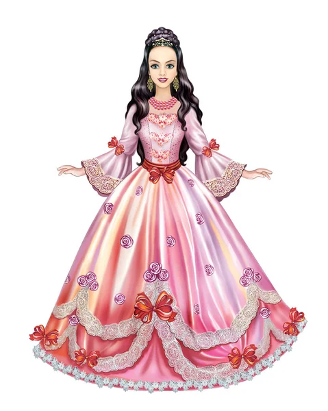 Ilustracja Pięknej Księżniczki Różowej Sukni Kulkowej Białym Tle Charakter — Zdjęcie stockowe