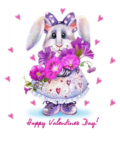 Illusztráció Aranyos Kis Nyuszi Csokor Romantikus Nyúl Háttérben Szív Valentin — Stock Fotó