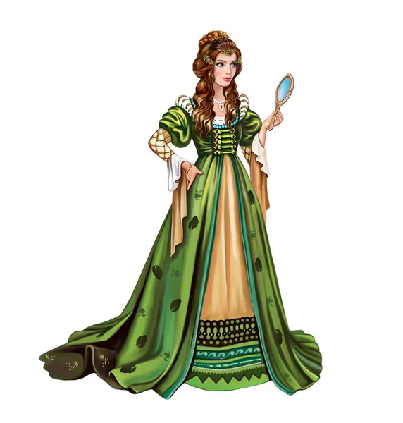 Illustration Beautiful Queen Luxurious Attire Mirror Woman Medieval Dress Isolated — Stock Photo, Image