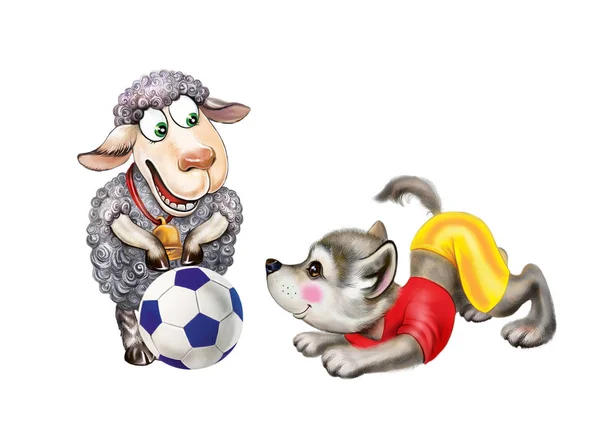 Illustration of wolf and sheep, cartoon animals playing soccer ball, concept of friendship, isolated characters on white background