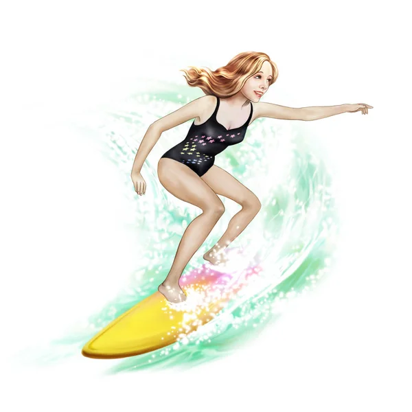 Illustration of woman on surfboard, surfer on crest of wave, water sport, isolated character on white background