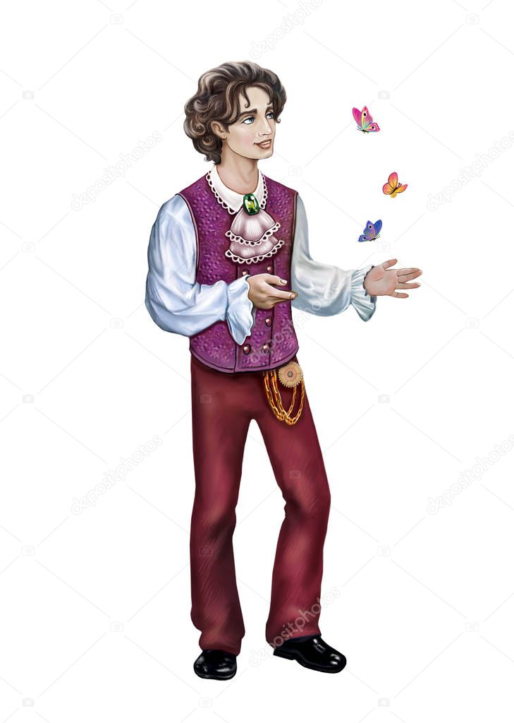 Illustration of good magician, wizard with butterflies, storyteller, isolated character on white background