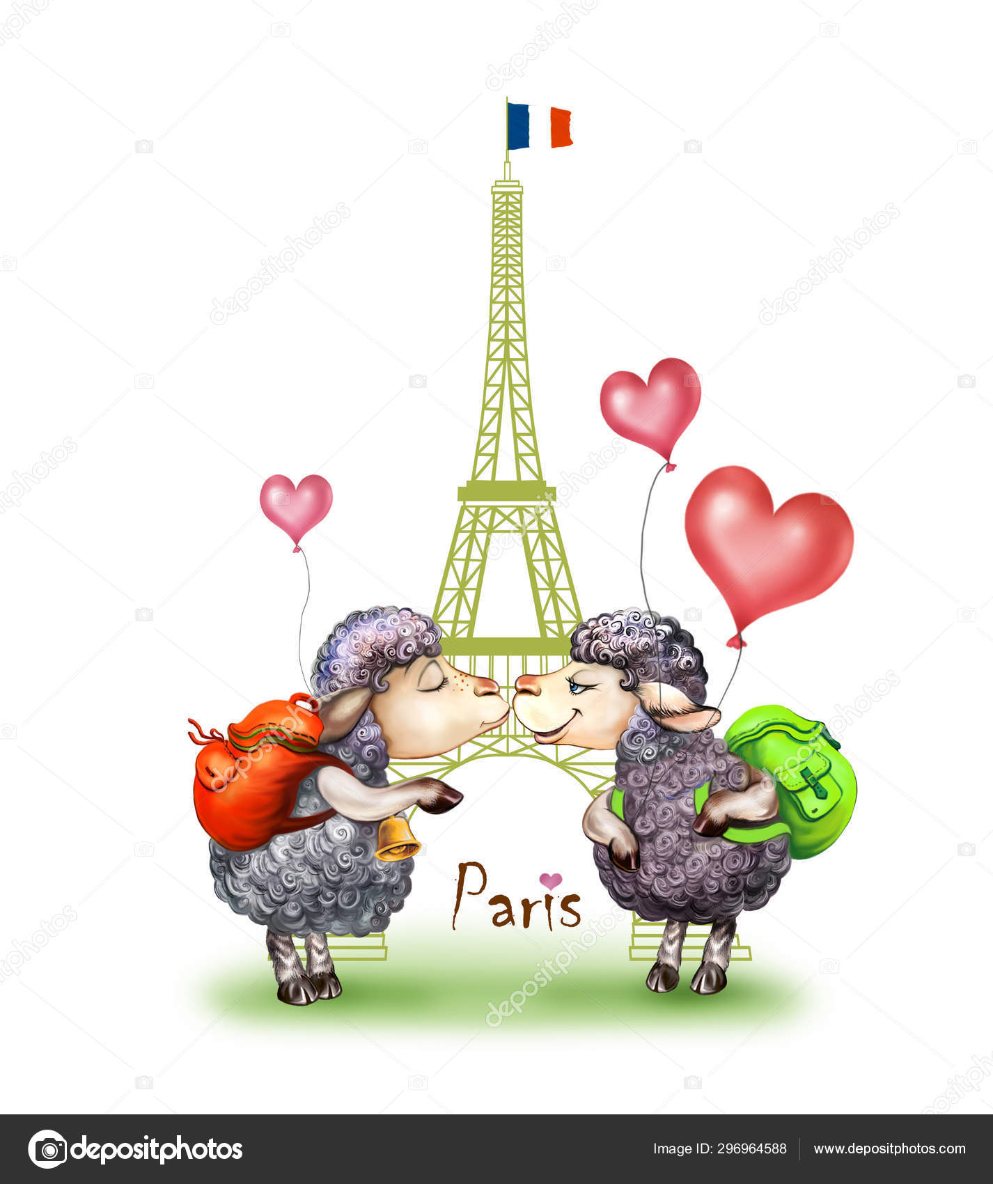 Two Travelers Eiffel Tower Cute Lovers Paris Two Cartoon Sheep Stock Photo  by © 296964588