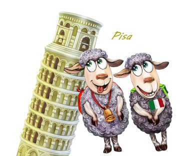 Pisa kulesi yakınında iki koyun, beyaz arka plan karşı İtalya'da karikatür hayvanlar, turizm hakkında eğlenceli çizgi roman
