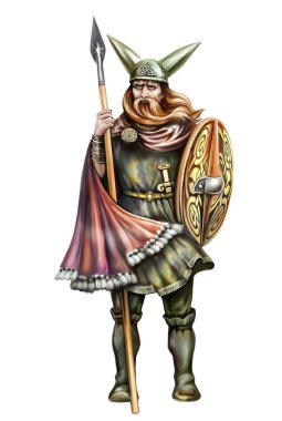 Boynuzları, kılıç ve mızrak, beyaz arka plan üzerinde izole karakter ile kask Kelt savaşçı