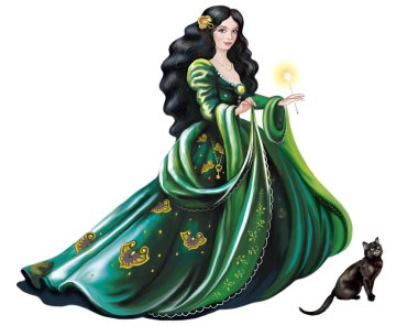 Sihirli değnek ve siyah kedi ile yeşil elbise güzel cadı, Kelt kadın, beyaz arka plan üzerinde izole karakter
