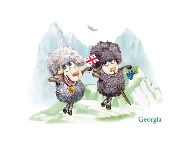 Dvě Ovce Tančí Horách Gruzie Kreslené Postavy Bílém Pozadí — Stock fotografie