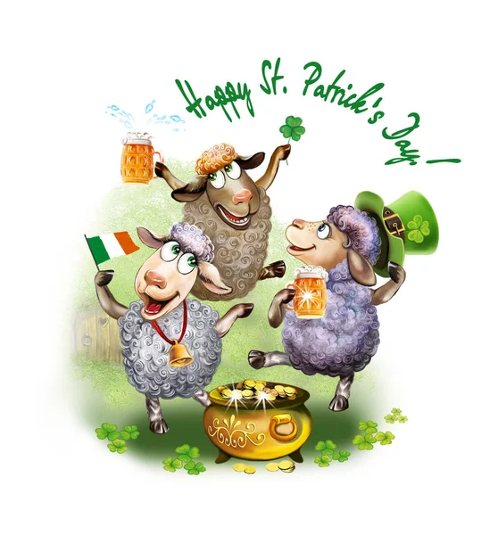 Radosne Owce Świętują Święta Patricks Day Zwierzęta Kreskówki Irlandzką Flagą — Zdjęcie stockowe