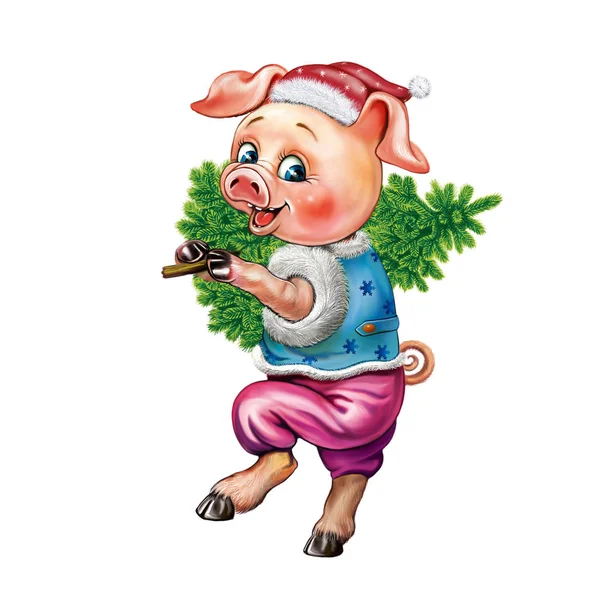 Забавная Свинья Елкой Мультяшная Свинья Празднующая Новый Год Рождественская Открытка — стоковое фото