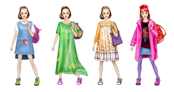 Teenager Set Clothes Doll Fashionable Looks Fashionista Outfits Female Wardrobe — Stock Photo, Image