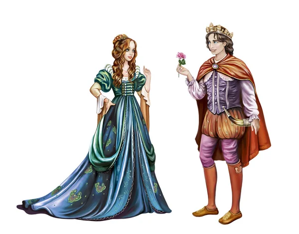 王子爱上了公主 年轻人给女孩玫瑰 中世纪浪漫传说的英雄 童话与幸福的结局 孤立的人物在白色背景 — 图库照片