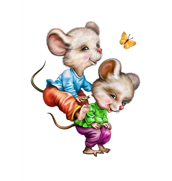 Смешные Две Мыши Играют Прыгают Бабочкой Веселые Животные Одежде Изолированные — стоковое фото