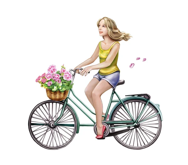 Mooi Meisje Fiets Vrouw Vervoert Bloemen Mand Wind Zwaaiende Haren — Stockfoto