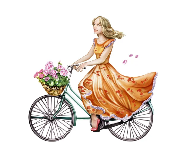 Belle Fille Robe Vélo Équitation Femme Heureuse Avec Panier Fleurs — Photo