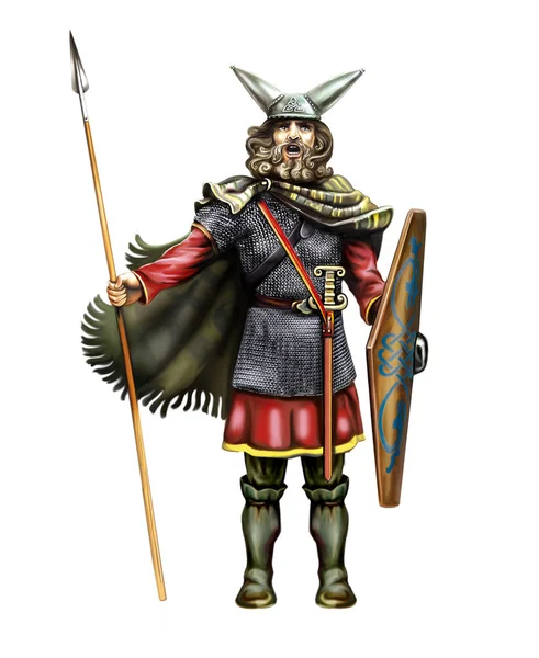 Guerreiro Celta Capacete Com Chifres Espada Lança Personagem Isolado Fundo — Fotografia de Stock
