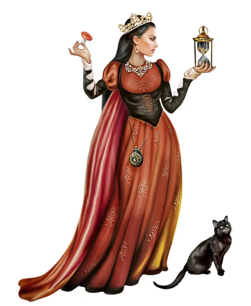 Beautiful Girl Medieval Dress Holding Hourglass Fly Agaric Sorceress Casting — Stock Photo, Image