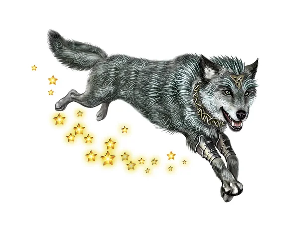 Lobo Cuento Hadas Corriendo Animal Mágico Personaje Aislado Sobre Fondo — Foto de Stock