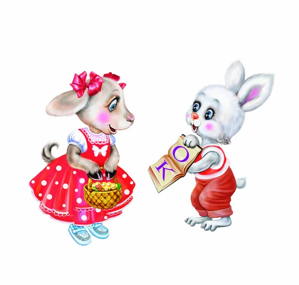 兔子和山羊学习阅读 朋友在书里学习字母 卡通动物在衣服 孤立的字符在白色背景 — 图库照片