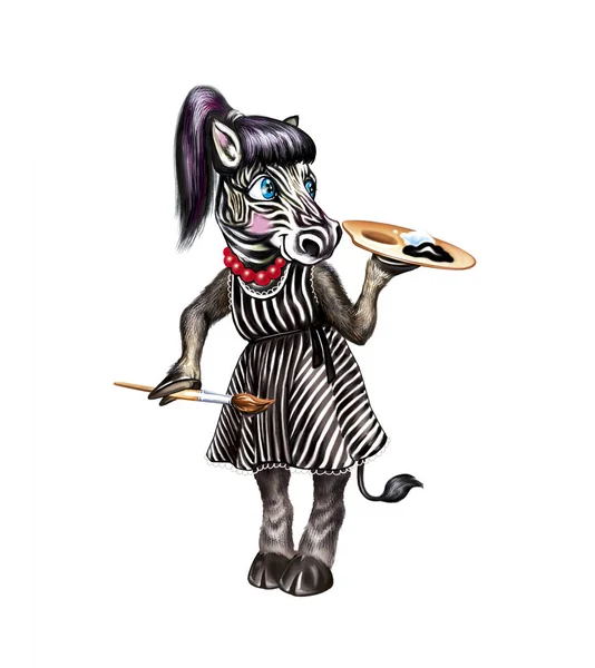 Zebra in striped dress with palette, cartoon animal painter, little artist, isolated character on white background