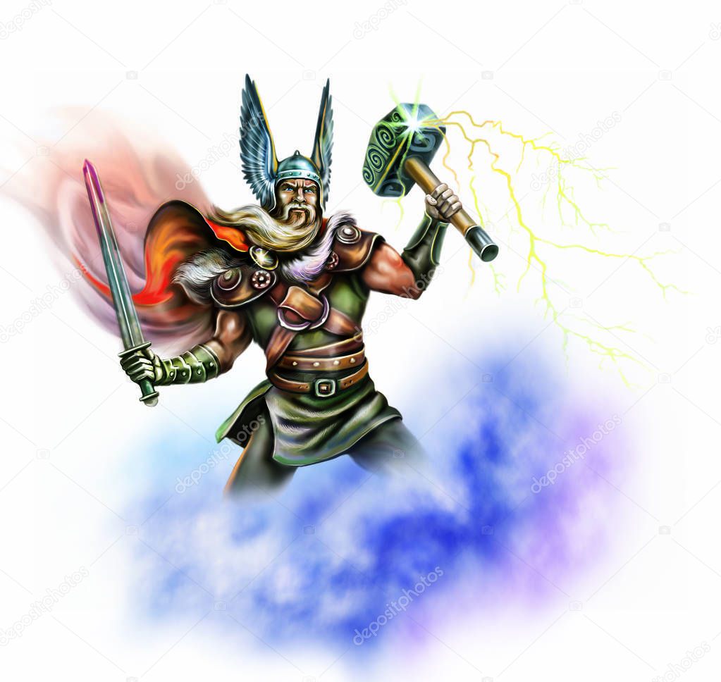 Viking god holding hammer, warrior with sword, thunder and lightning, isolated character on white background