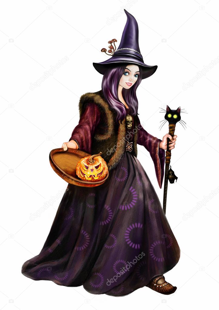 Beautiful young witch with pumpkin and magic staff, greeting Halloween card, isolated character on white background