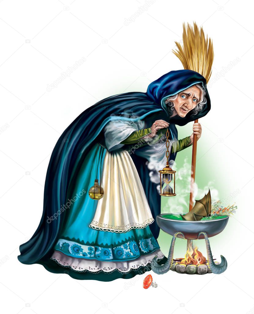 Senior sorceress brewing potion, magic and sorcery, witch with large cauldron, isolated fairy character on white background