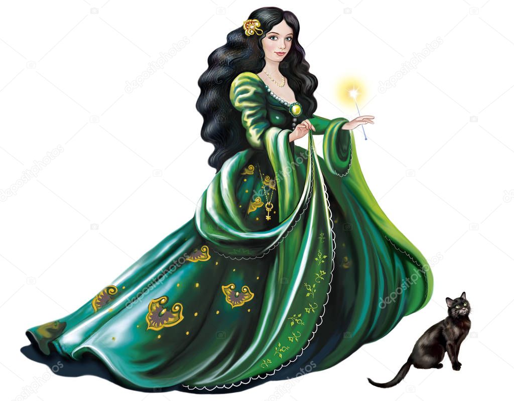 Beautiful witch in green dress with magic wand and black cat, Celtic woman, isolated character on white background