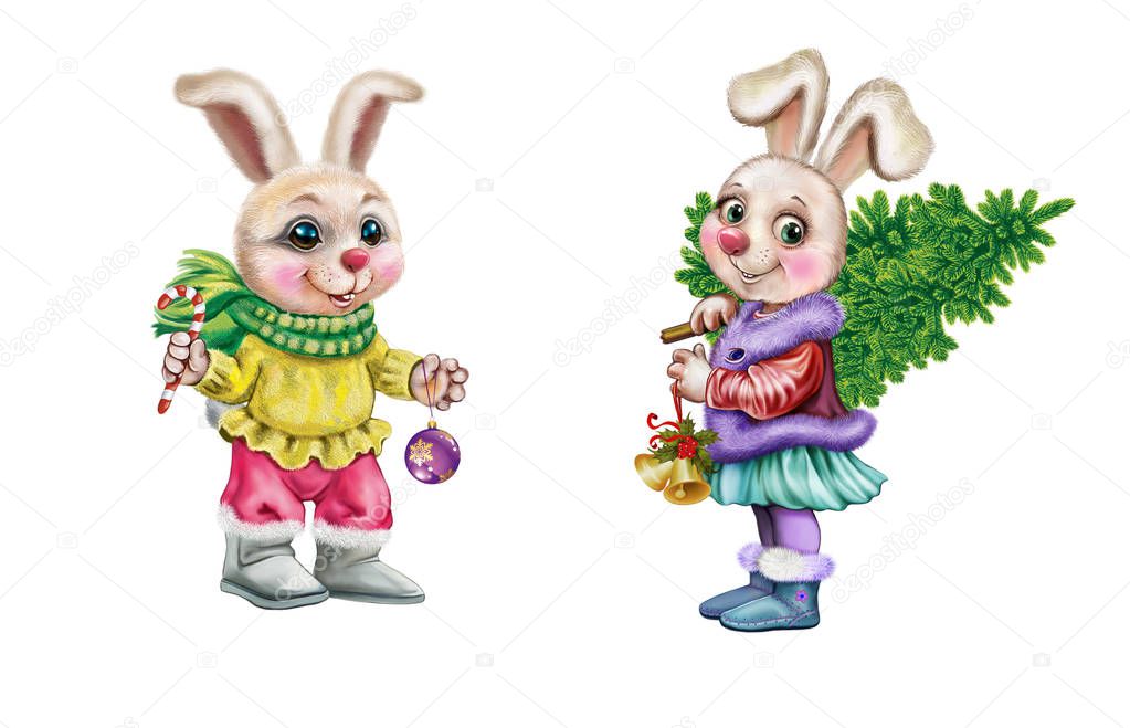 Two cartoon hares with Christmas tree and toys, funny animals, fun card of Christmas and happy new year, isolated characters on white background