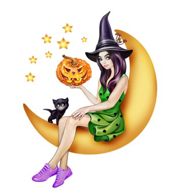 Oyma kabak ve siyah kedi ile ayda oturan güzel cadı, tebrik Halloween kartı, beyaz arka plan üzerinde izole karakter