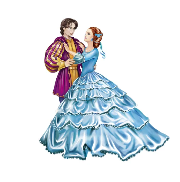 Prince and princess dancing at ball, lovingly looking at each other, isolated characters on white background