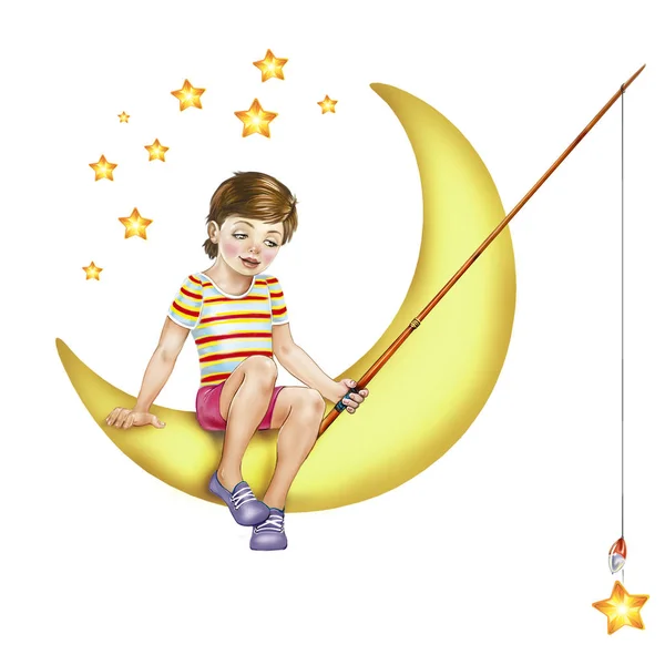 Niño Luna Con Caña Pescar Atrapada Estrella Cielo Nocturno Estrellado — Foto de Stock