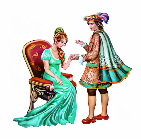 Prince Making Princess Marriage Proposal Declaration Love Isolated Characters White — Stock Photo, Image