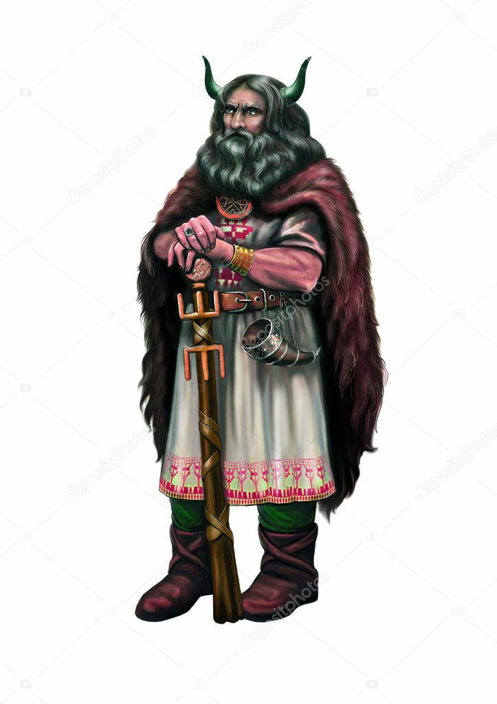 Great Slavic pagan god Veles with bull horns, club with runes and horn, isolated character on white background
