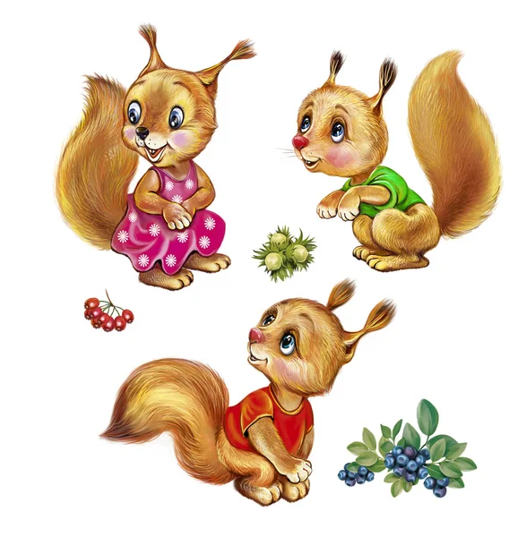 set of funny squirrels, cute cartoon animals with forest fruits, isolated characters on a white background